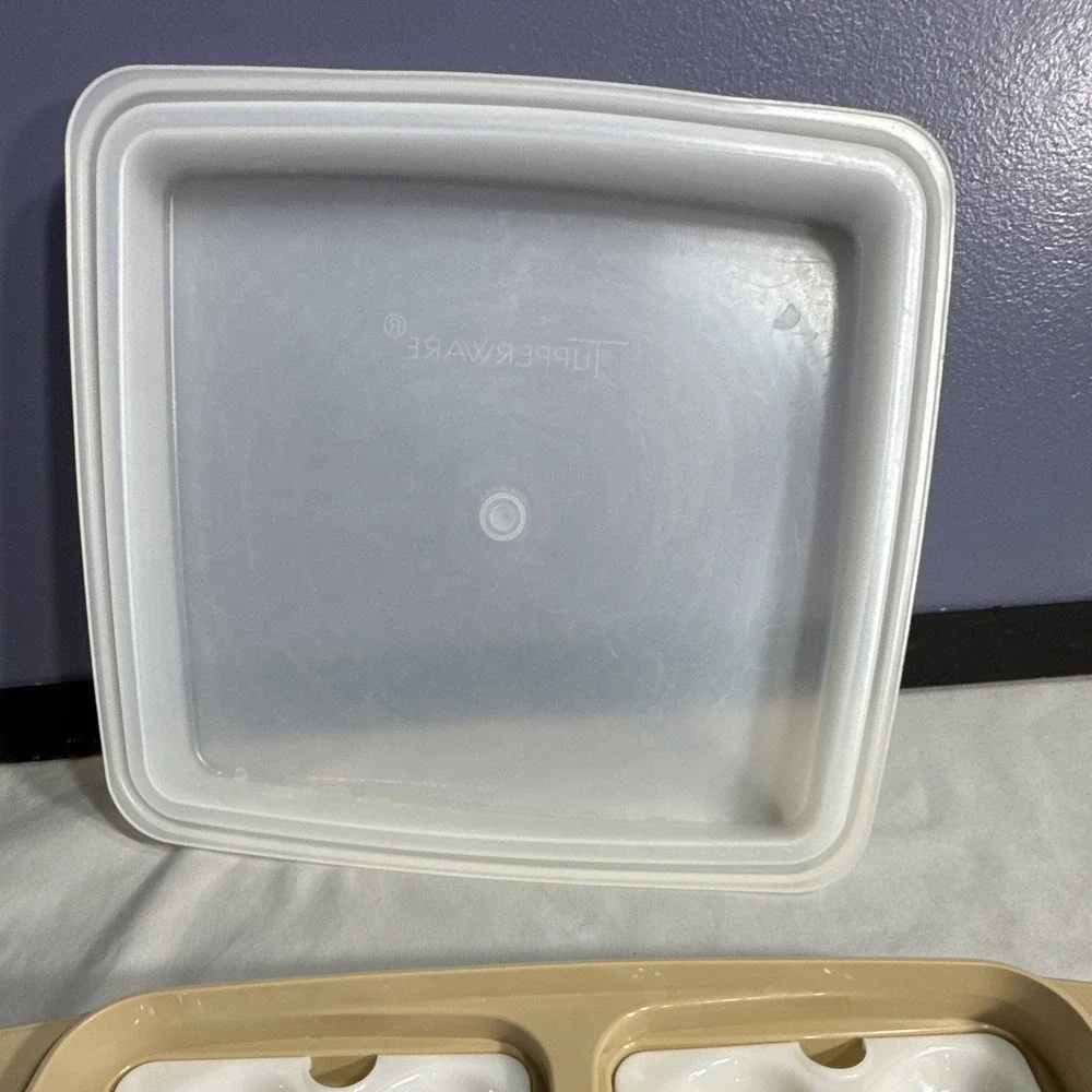Vintage Tupperware Deviled Egg Keeper Carrier 723 Almond COMPLETE 4pc Set